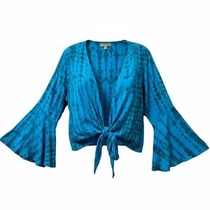 COCO KAI Hawaiian Blue Rayon Bell Sleeves Resortwear Cruise Beach Tie Top L